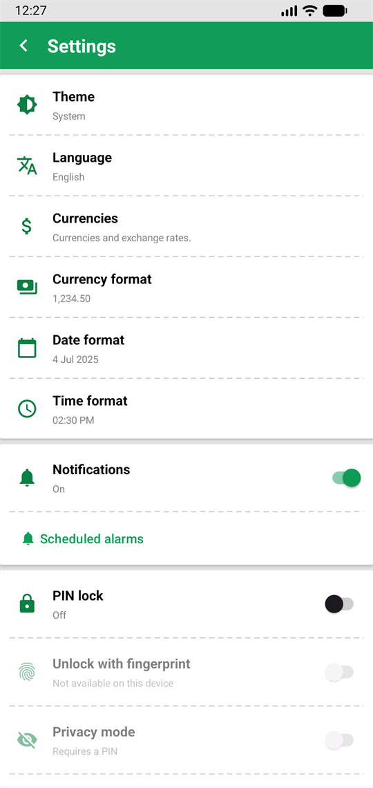 Settings screen with theme, language, currencies, formats, notifications, PIN lock and privacy mode.