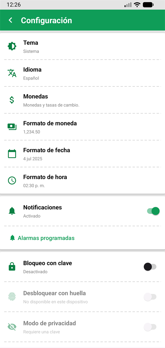 Pantalla de configuración con tema, idioma, monedas, formatos, notificaciones, bloqueo con clave y modo de privacidad.