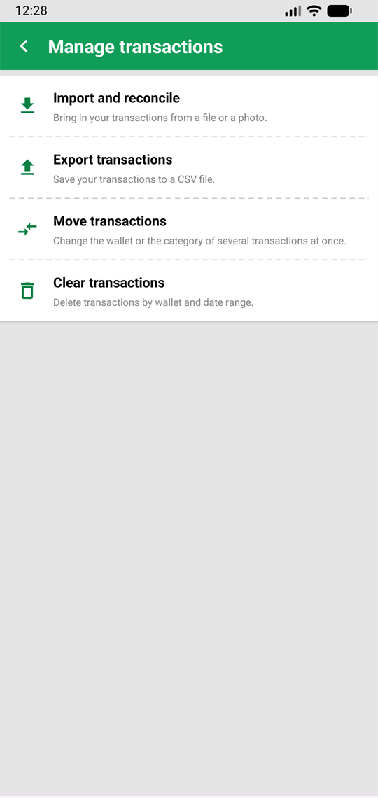 Manage transactions screen, with import, export, move and clear transactions.