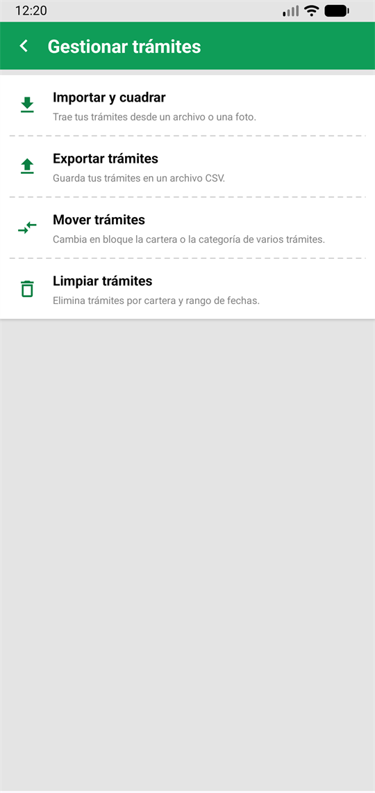 Pantalla Gestionar trámites, con importar, exportar, mover y limpiar trámites.