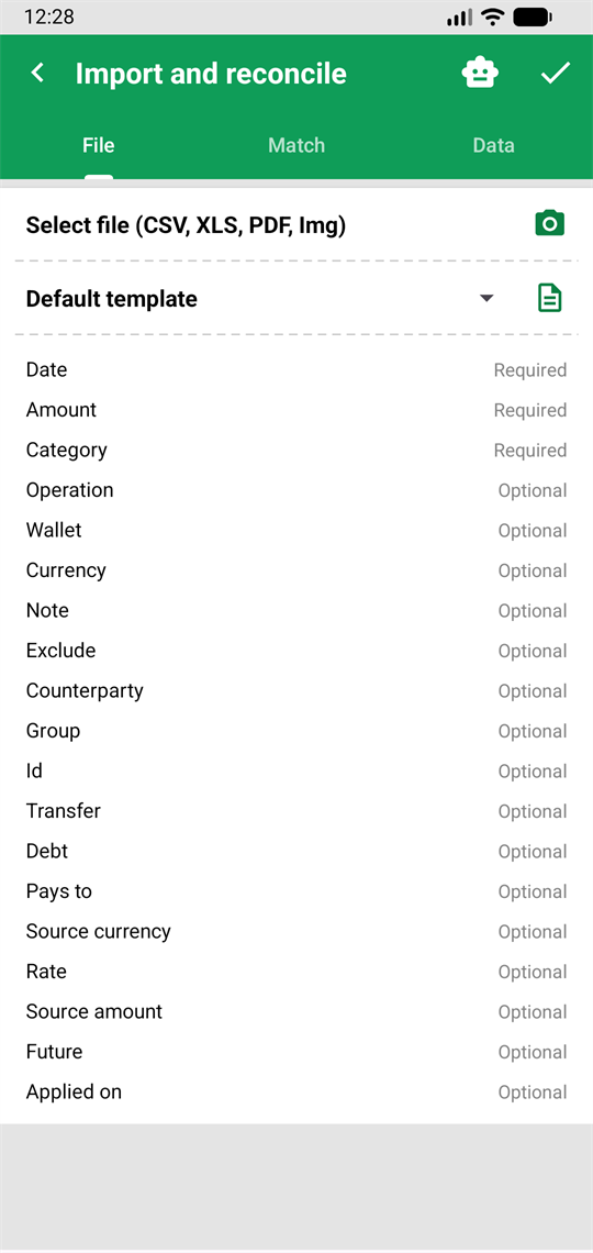 Import and reconcile screen, with the File, Match and Data tabs and the list of format fields.