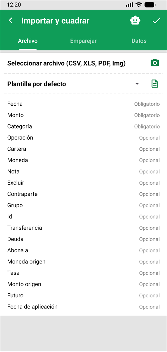 Pantalla Importar y cuadrar, con las pestañas Archivo, Emparejar y Datos, y la lista de campos del formato.