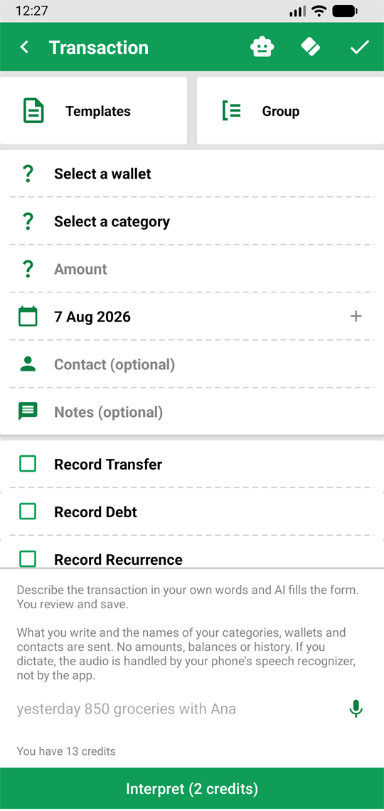 The AI interpreter panel: it states what information is sent, your credit balance and the cost before you use it.