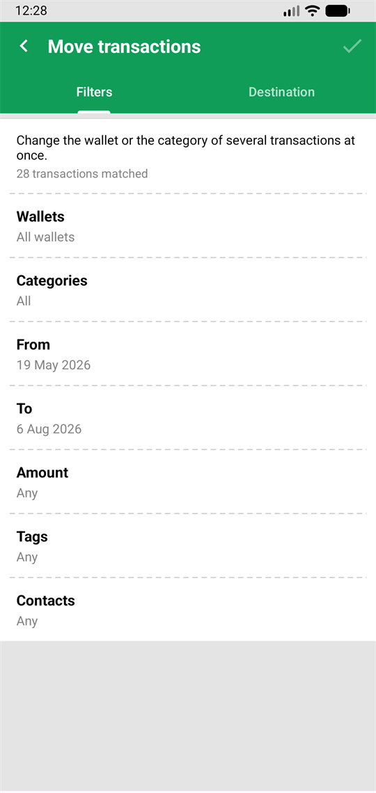 Move transactions screen, with filters for wallet, category, dates, amount, tags and contacts.