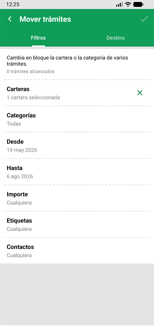 Pantalla Mover trámites, con los filtros de cartera, categoría, fechas, importe, etiquetas y contactos.