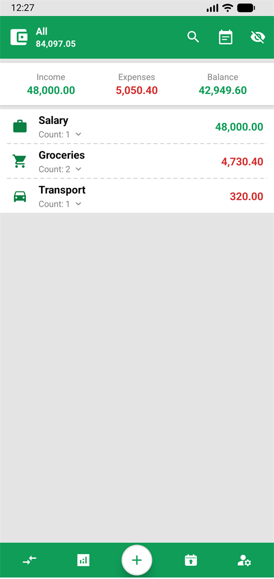 Reports screen with income, expenses and balance for the period, and the breakdown by category.