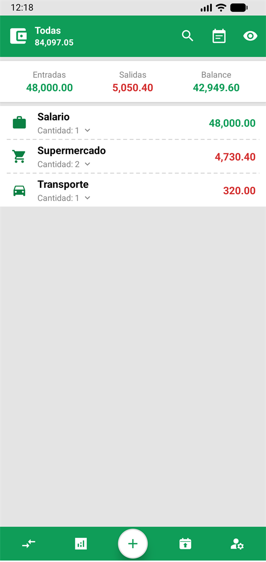 Pantalla de reportes con entradas, salidas y balance del periodo, y el desglose por categoría.
