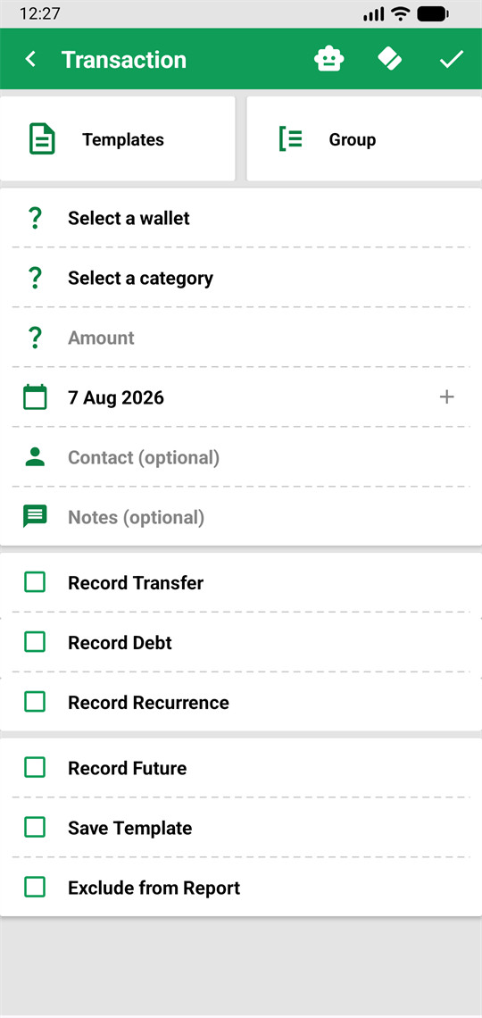 Transaction editor with wallet, category, amount, date, contact and notes, plus the transfer, debt, recurrence, future, template and exclude checkboxes.