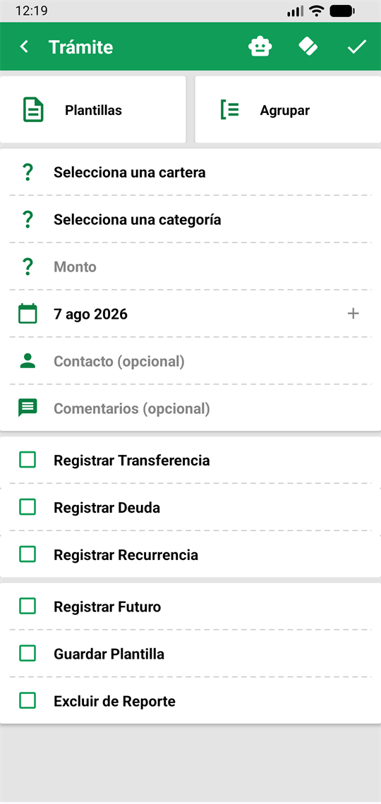 Editor de trámite con cartera, categoría, monto, fecha, contacto y comentarios, y las casillas de transferencia, deuda, recurrencia, futuro, plantilla y excluir de reporte.
