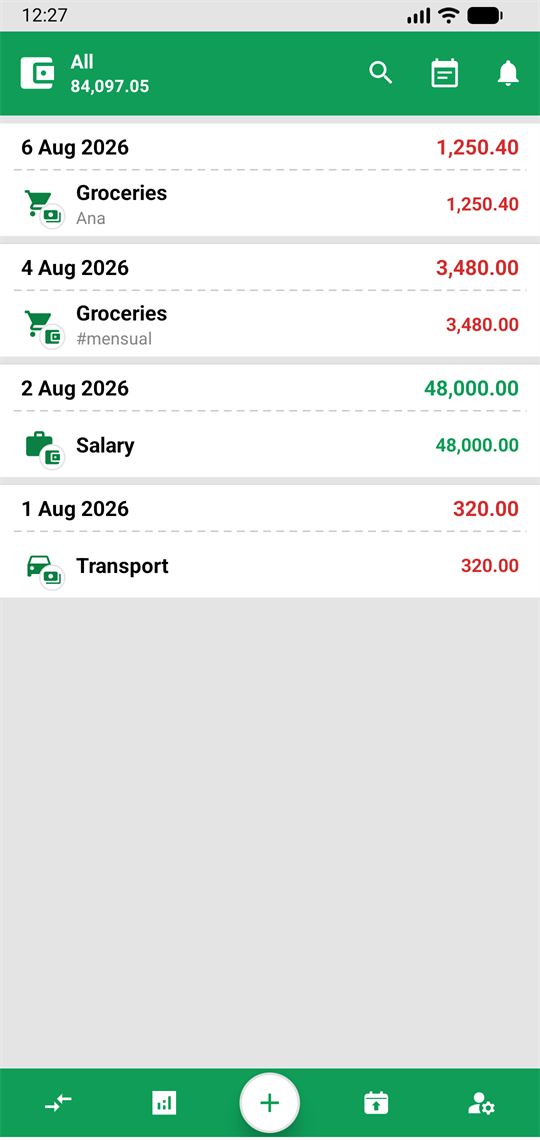 PyFinanzas transaction list, grouped by day, with the wallet balance in the top bar.