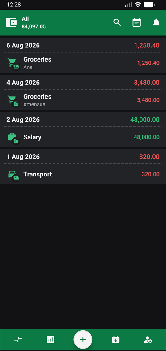 The same transaction list in dark mode.