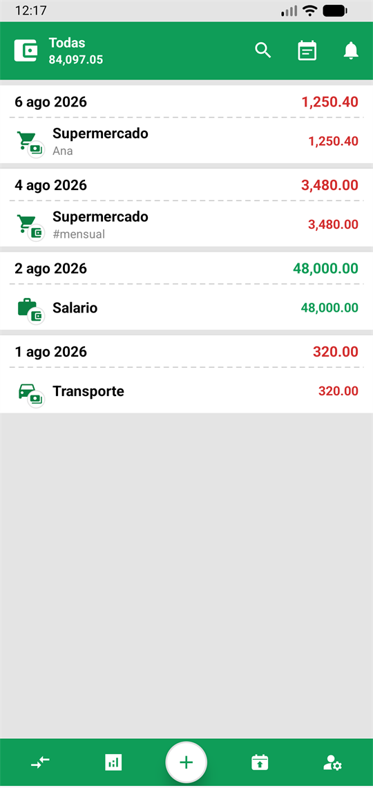 Lista de trámites de PyFinanzas, agrupada por día y con el saldo de la cartera en la barra superior.